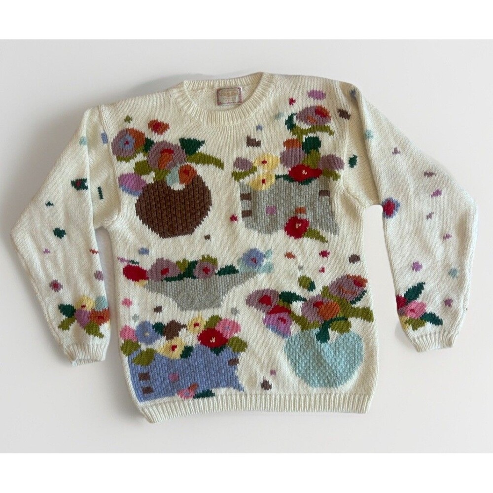 Vintage Clayley Floral Basket Flower Sweater Cottagecore Grandmacore Womens M L